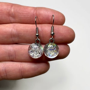 Iridescent rainbow dangle earrings, fused dichroic glass jewelry, hypoallergenic, round earrings, unique gifts for her