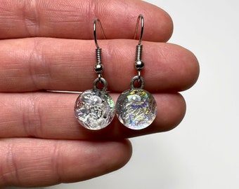 Iridescent rainbow dangle earrings, fused dichroic glass jewelry, hypoallergenic, round earrings, unique gifts for her