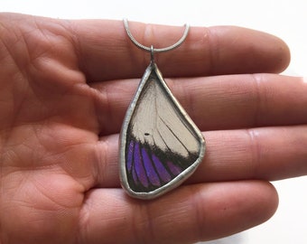 butterfly pendant, glass necklace, purple and white, insect jewelry, real butterfly wing, taxidermy jewelry, stained glass wing, recycled