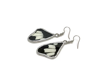 Black earrings, white, butterfly jewelry, glass earrings, insect jewelry, real butterfly wing, taxidermy jewelry, recycled butterfly