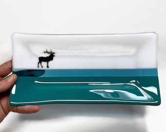 Elk plate, fused glass serving dish, trinket tray, spoon rest, unique gifts for dad, elk home decor, housewarming presents