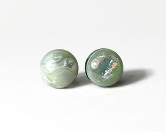 Glass earrings sparkle green studs, minimalist studs, fused glass jewelry, dichroic glass studs, round earrings, hypoallergenic