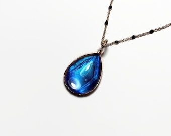Blue teardrop necklace, butterfly jewelry, glass pendant, real butterfly wing, Blue Morpho Butterfly, insect pendant, rose gold pendant