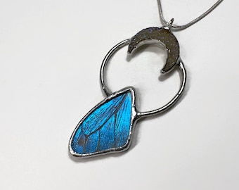 Handmade Blue Butterfly Necklace, Crescent Moon Charm Pendant, Real Blue Morpho Pendant For Her, One-of-a-Kind Jewelry