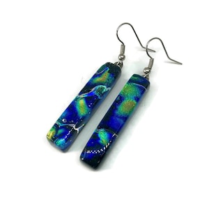 Iridescent Blue & Green Glass Earrings - Elegant Fused Glass Jewelry, Gift-Worthy Dangles, Presents for Mom