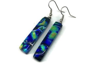 Iridescent Blue & Green Glass Earrings - Elegant Fused Glass Jewelry, Gift-Worthy Dangles, Presents for Mom