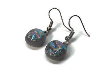 Grey earrings, iridescent, dichroic glass earrings, glass jewelry, fused glass earrings, statement earrings, sparkle dangle earrings