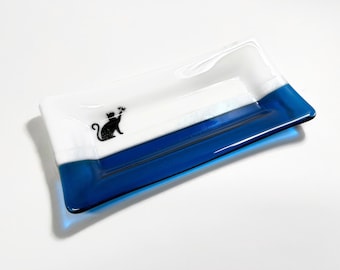 Cat lover fused glass plate, blue serving dish, trinket tray, kiln formed art, unique gifts for her, jewelry dish, housewarming presents