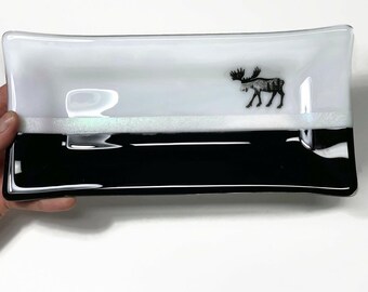 Moose Black white Glass plate fused glass dish, gifts for dad, moose home decor, moose serving dish