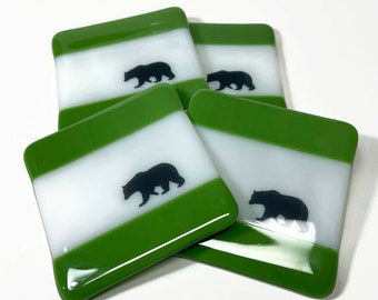 Bear drink coasters, fused glass holder, drink rest, coffee table art, gifts for him, bear home decor, housewarming presents, set of 4