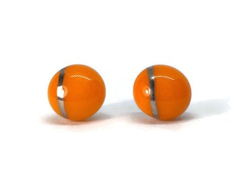 Fused Glass orange and silver stud earrings, fused glass, dichroic glass jewelry, minimalist