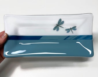 Dragonfly fused glass plate blue and white serving dish dragonfly home decor unique gifts for mom housewarming presents