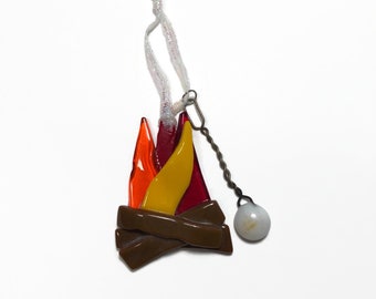 Fused glass ornament, campfire ornament,  fused glass art, camping home decor, glass tree decoration