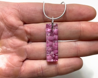 Pink iridescent pendant, dichroic glass necklace, fused glass jewelry, sparkle minimalist necklace, chain included, gifts for her