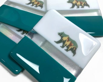 Green fused glass coasters, bear drink rest, unique gifts, wildlife coffee table decor, set of 4, housewarming presents