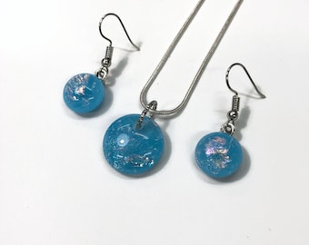 Iridescent blue pendant set, dichroic fused glass jewelry, dangle earrings, unique gifts for her, hypoallergenic, handmade in Canada