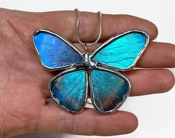 Blue iridescent butterfly necklace, real blue morph Butterfly jewelry, best friend gifts, glass pendant, stained glass wing