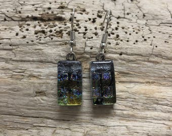 Glass iridescent earrings, dichroic glass jewelry, fused glass earrings, dangle earrings, sparkle earrings, hypoallergenic