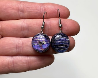 Glass iridescent purple pink earrings, fused dichroic glass jewelry, dangle statement earrings, handcrafted gift for her