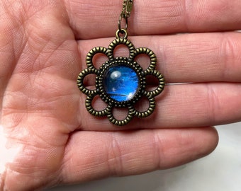 Butterfly blue necklace, iridescent glass pendant, Blue Morpho butterfly, real butterfly wing, insect jewelry, Flower pendant, bronze