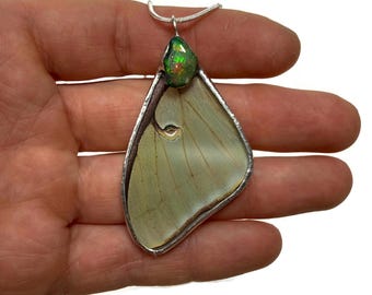 Real Butterfly Wing pendant, Luna moth necklace, Ethiopian opal, gifts for her