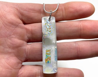 Handmade Reflective Glass Necklace, Unique Fused Glass Pendant, Iridescent Jewelry