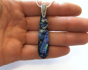 Blue necklace green fused glass pendant dichroic glass jewelry iridescent gift for her chain included