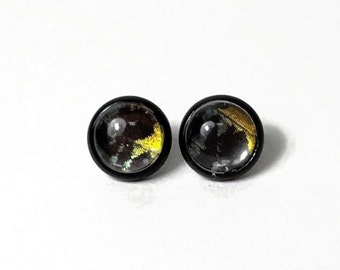 Handmade Iridescent stud earrings, nature inspired jewelry gifts, round glass studs, real sunset moth wing, presents for her