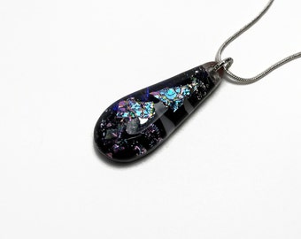 Iridescent black pendant fused Glass Necklace, dichroic glass jewelry, Teardrop pendant, chain included