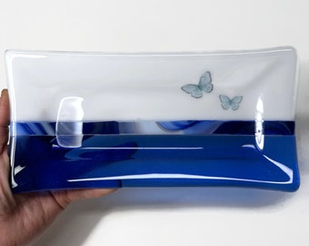 Butterfly fused glass plate, blue serving dish, spoon rest, trinket tray, nature decor, unique gifts for her, housewarming presents