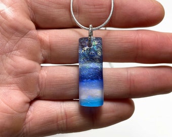 Iridescent blue dichroic pendant, fused glass jewelry, unique gifts for her, handmade necklace, chain included