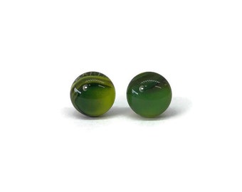 Green Glass Stud Earrings, Fused Glass Jewelry for Her, Minimalist Round Studs, Unique Gifts for Girlfriend