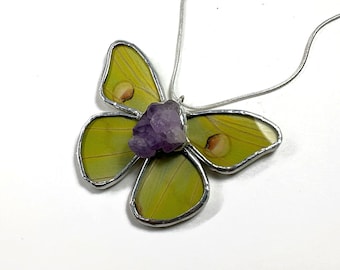 Handmade Comet Moth Crystal Pendant, Real Butterfly Wing Jewelry, Nature Inspired Gifts for Her, Amethyst Necklace