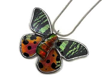 Butterfly Ammolite Pendant, Real Wing Jewelry, Nature Inspired Gifts for Her, Stained Glass Necklace