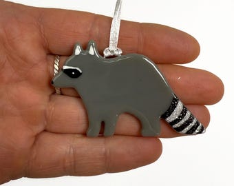 Racoon ornament, fused glass ornament, nature home decor, Christmas tree decoration, wildlife ornament, Christmas decor