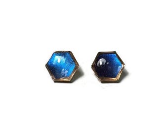 Iridescent blue hexagon studs, rose gold earrings, geometric, real butterfly wing jewelry, rhetenor morpho, hypoallergenic, gifts for her