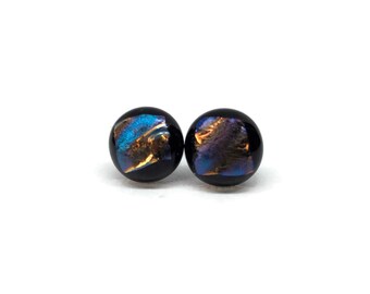 Iridescent dichroic glass stud earrings fused glass jewelry minimalist round earrings unique gifts for her hypoallergenic 11mm