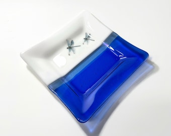 Dragonfly fused glass plate, blue serving dish, spoon rest, trinket tray, dragonfly decor, unique gifts for her, housewarming presents