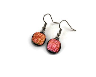 Pink gold fused glass dangle earrings dichroic glass jewelry, best friend gifts, hypoallergenic