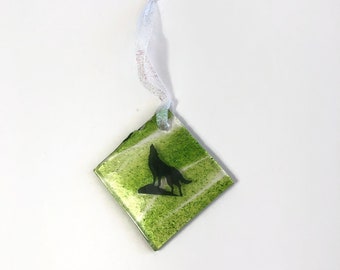 Green fused glass ornament wolf decoration unique gifts for him Christmas tree decoration Christmas ornament, christmas decor