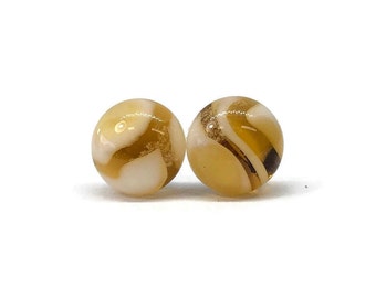 Swirled cream amber stud earrings, fused glass jewelry for her, 9mm minimalist round studs, hypoallergenic