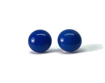 Fused Glass blue stud earrings, dichroic glass jewelry, minimalist round earrings, hypoallergenic, bohemian studs