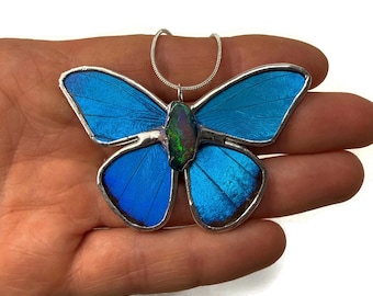 Butterfly Wing Pendant, Real Blue Morpho Pendant For Her, One-of-a-Kind Opal Jewelry