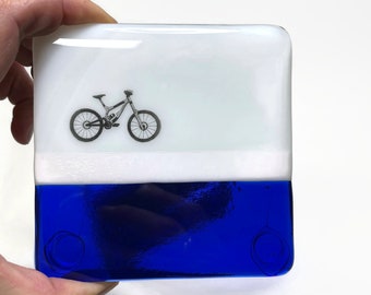 Handmade Blue Mountain Bike Coasters, fused Glass Drink Rest, bike enthusiast gifts, bike coffee table decor