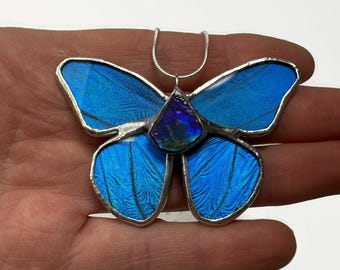 Handcrafted Butterfly Ammolite Pendant, Real Wing Jewelry, Nature Inspired Gifts for Her, Stained Glass Necklace, Blue Morpho