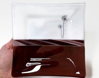 Flower plate, dandelion serving dish, platter, burgundy fused glass plate, make a wish, housewarming presents, gifts