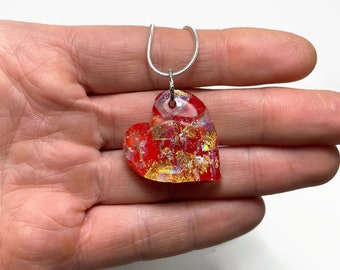 Red fused glass pendant, handmade heart dichroic glass jewelry, unique gifts for mom, minimalist necklace, chain included