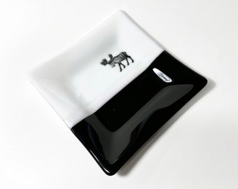 Moose Black white Glass plate fused glass dish, gifts for dad, moose home decor, moose serving dish