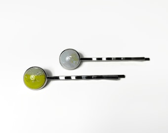 White and green hair barrette clips, fused dichroic glass bobby pins, hair pins, set of 2, unique birthday gifts