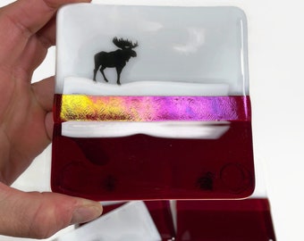 Moose fused glass coasters red white drink rests moose home decor, Glass Art, set of 4